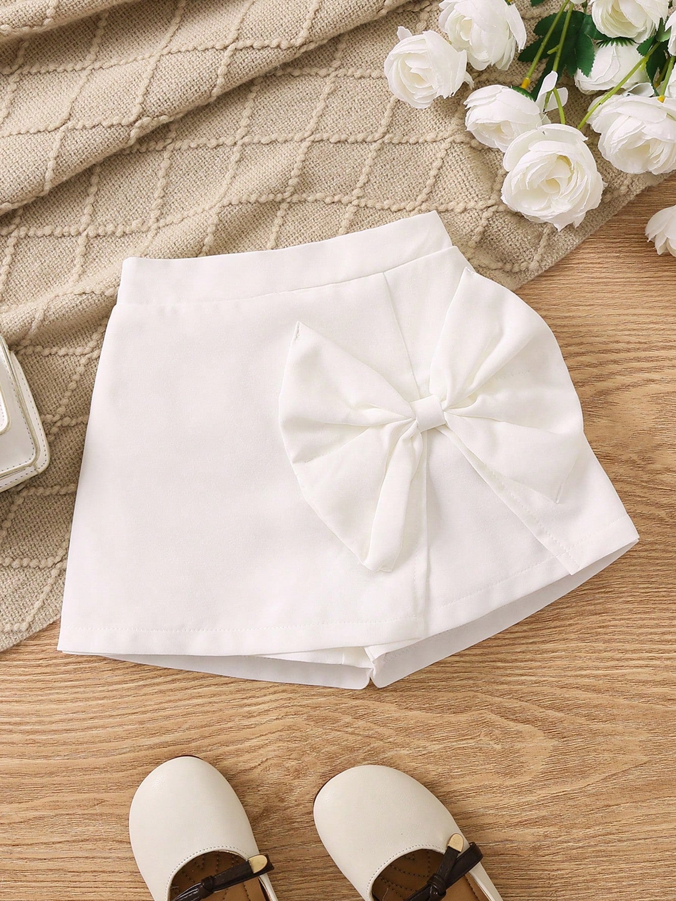 Young Girl Solid Color Bow Decor Summer Shorts