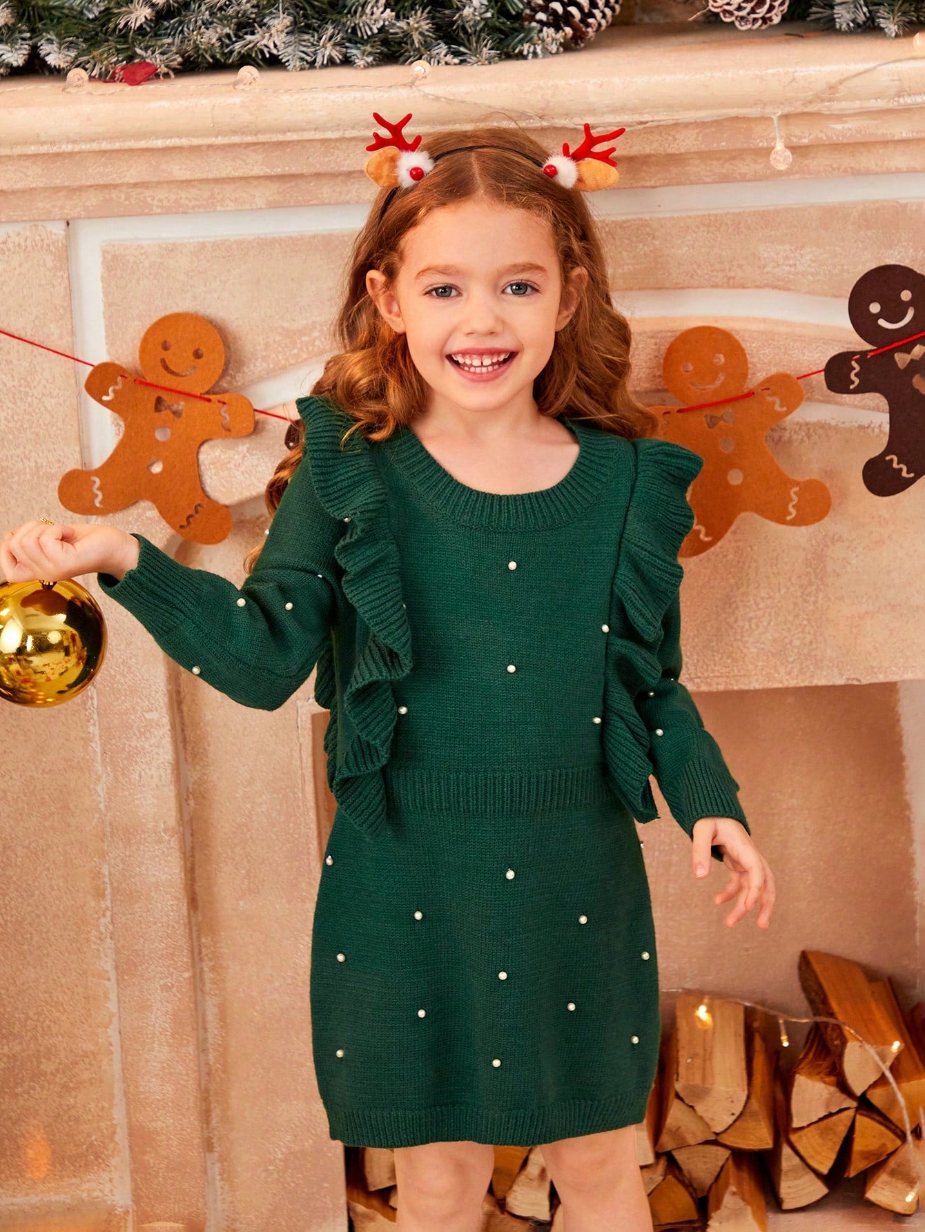 Young Girl 1pc Ruffle Trim Pearls Beaded Sweater Dress for Christmas