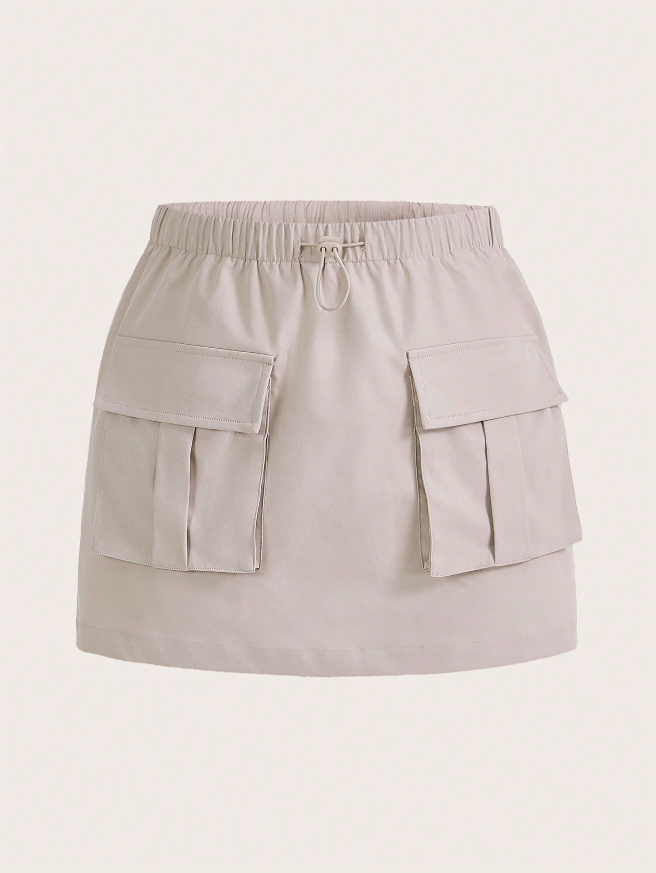 Solid Color Drawstring Waist A-Line Work Skirt With Flap Pockets