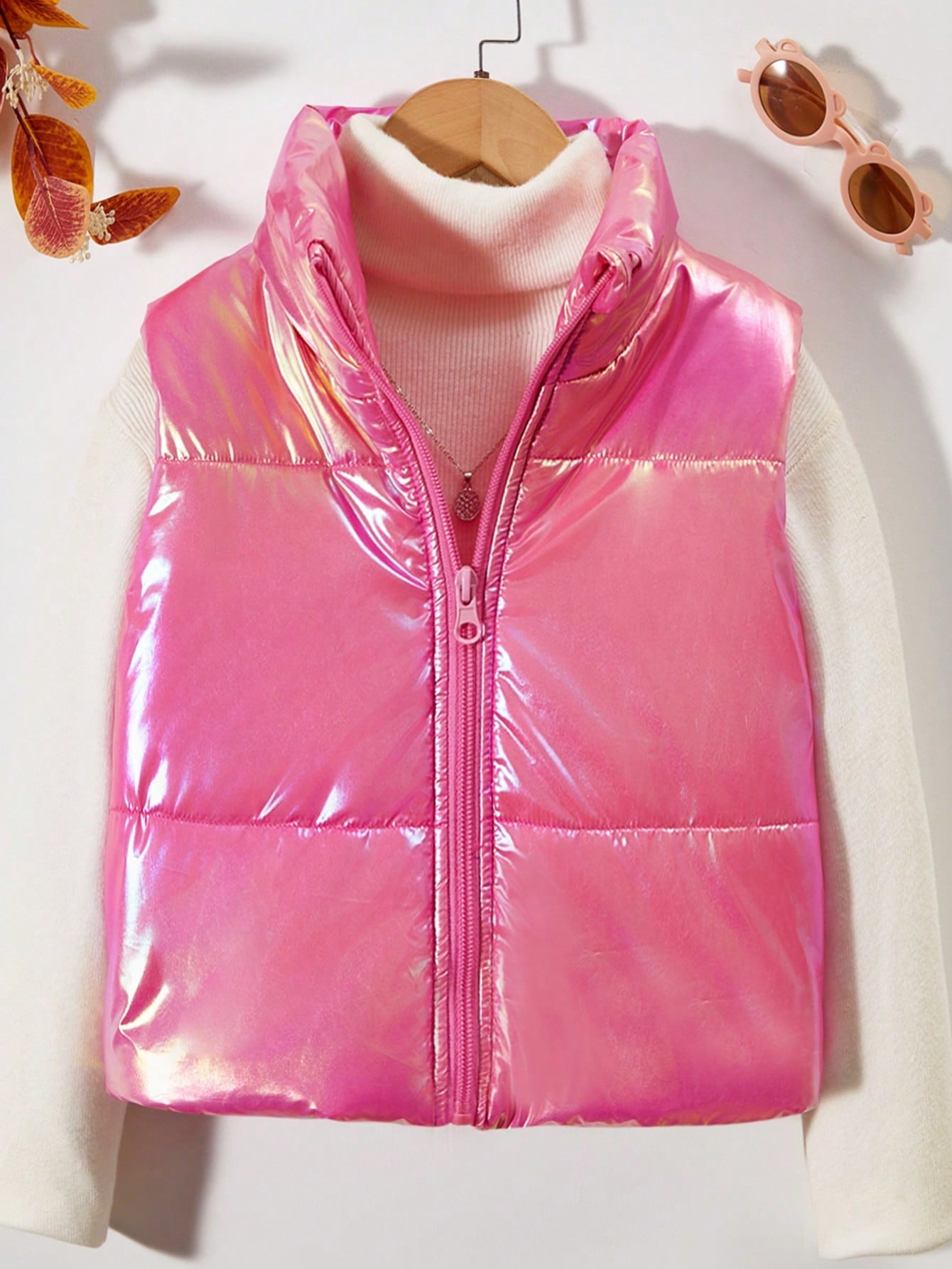 Tween Girl Holographic Zip Up Vest Puffer Coat Without Sweater