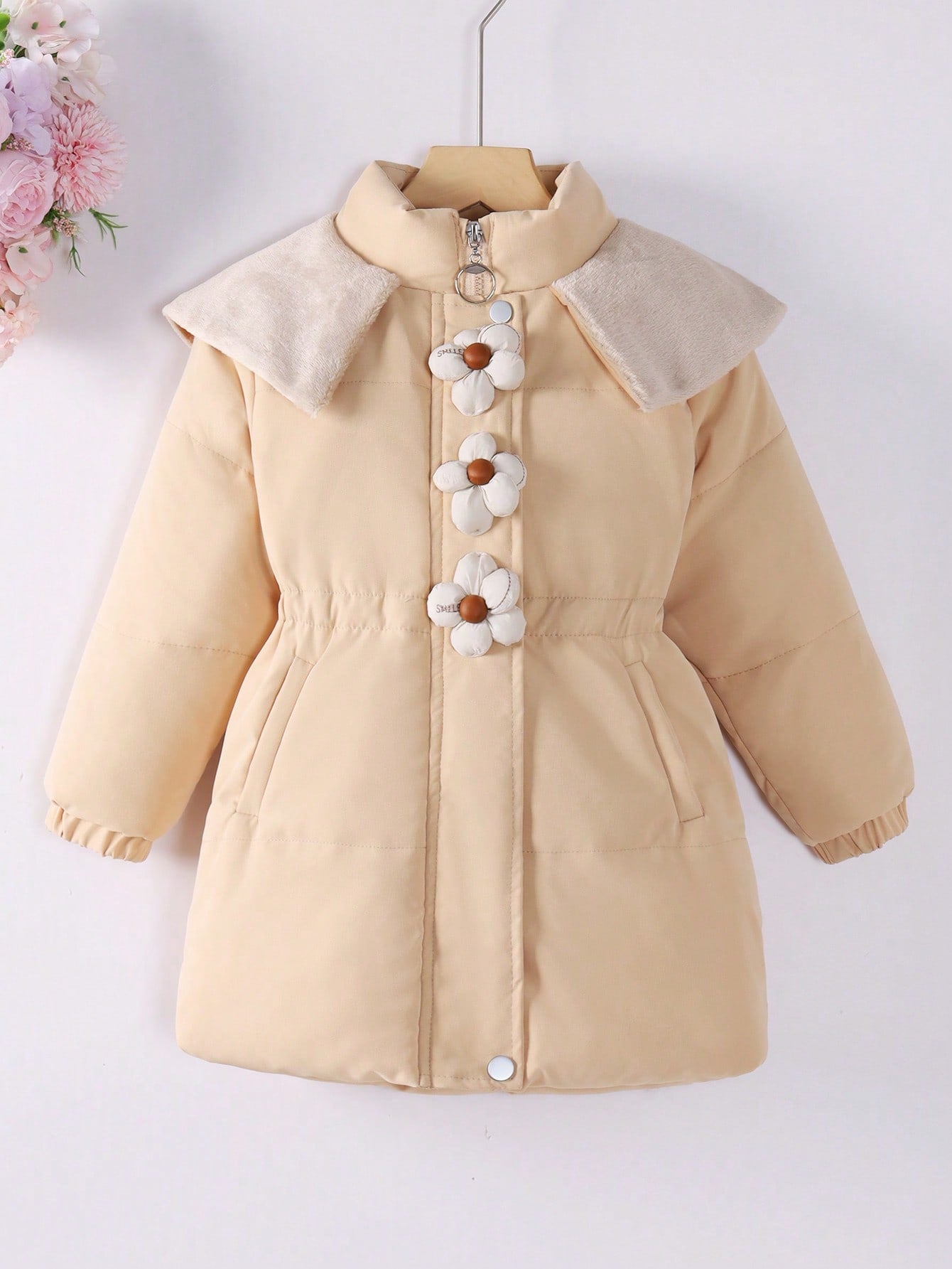 Young Girl Floral Patched Winter Coat