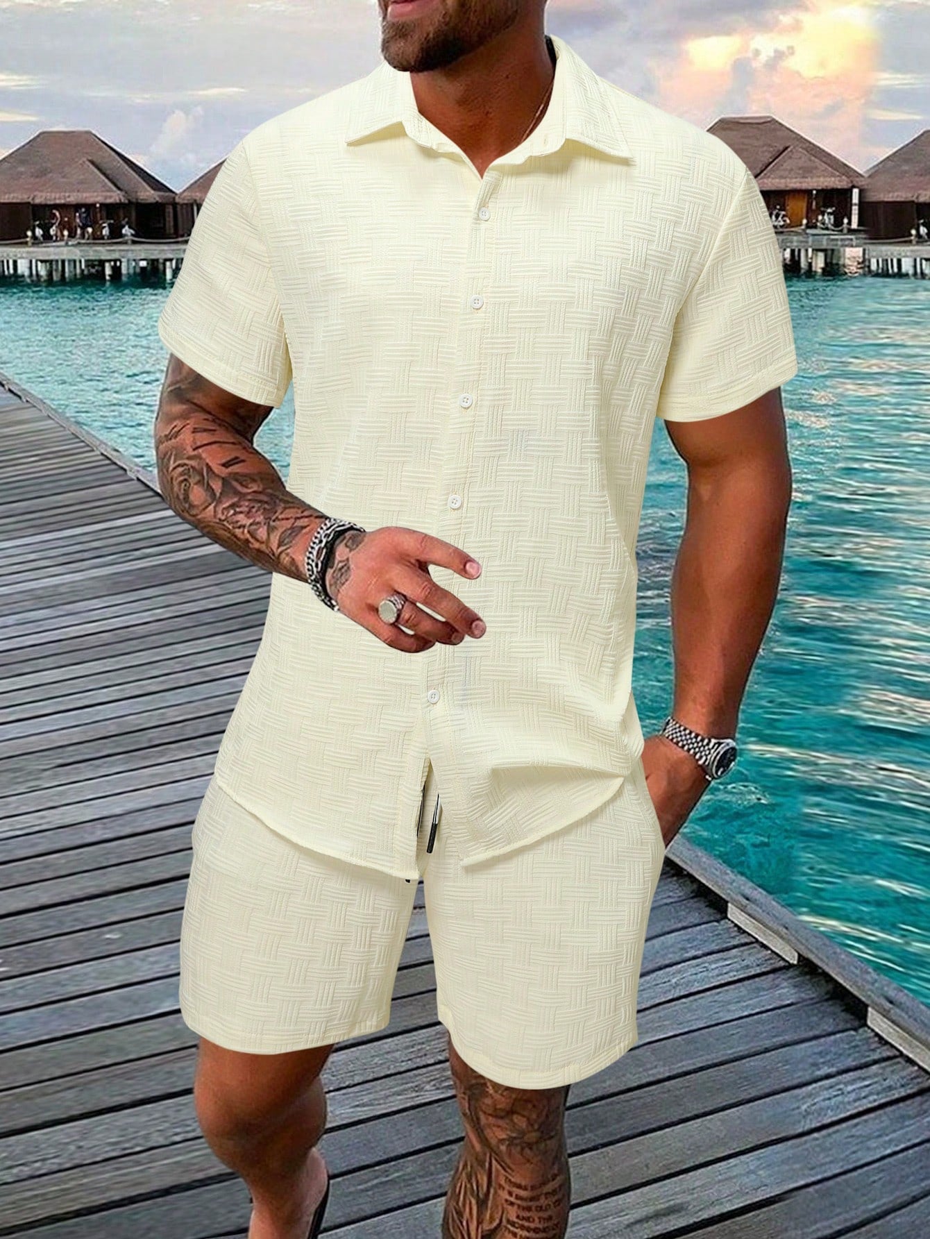 Men Solid Button Up Shirt & Shorts Set