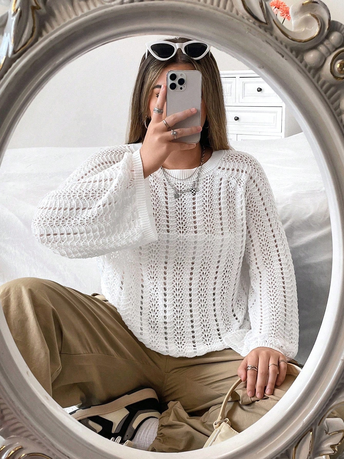 Frenchy Plus Solid Pointelle Knit Sweater