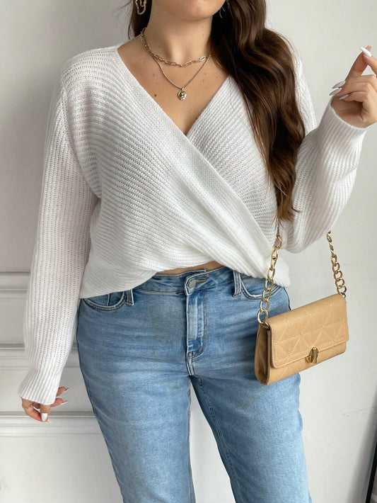 Frenchy Plus Crossover Ribbed Knit Sweater