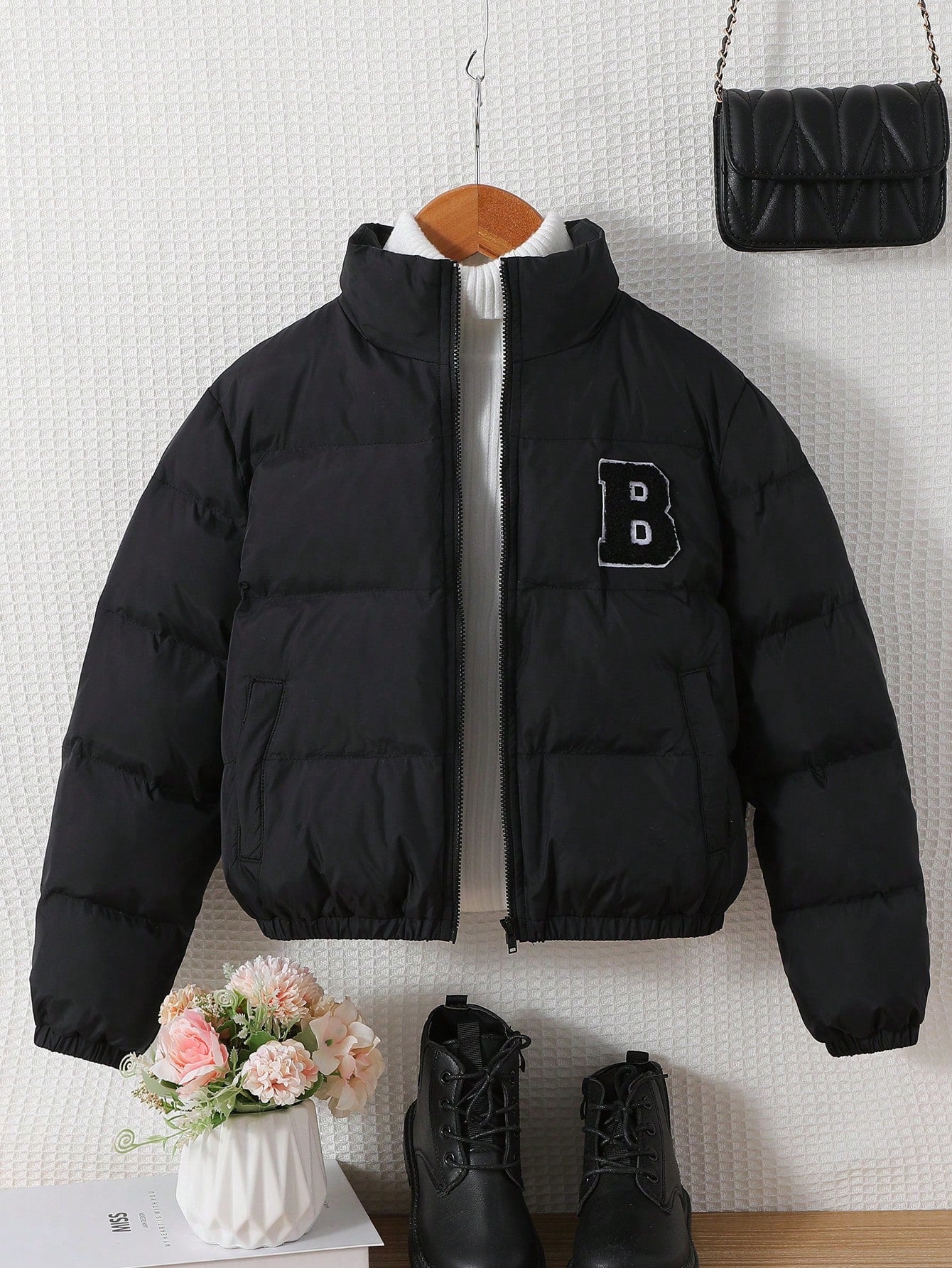 Tween Girl Letter Patched Zip Up Puffer Coat