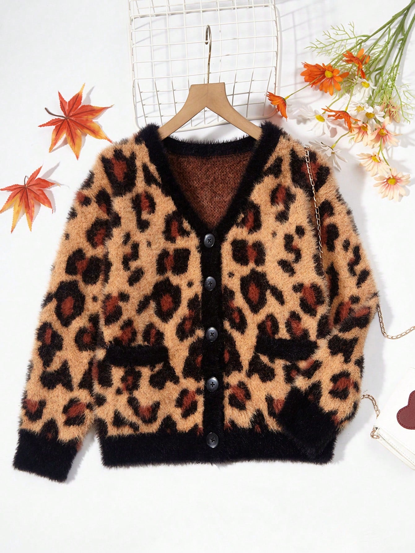 Tween Girl Leopard Pattern Fluffy Knit Cardigan