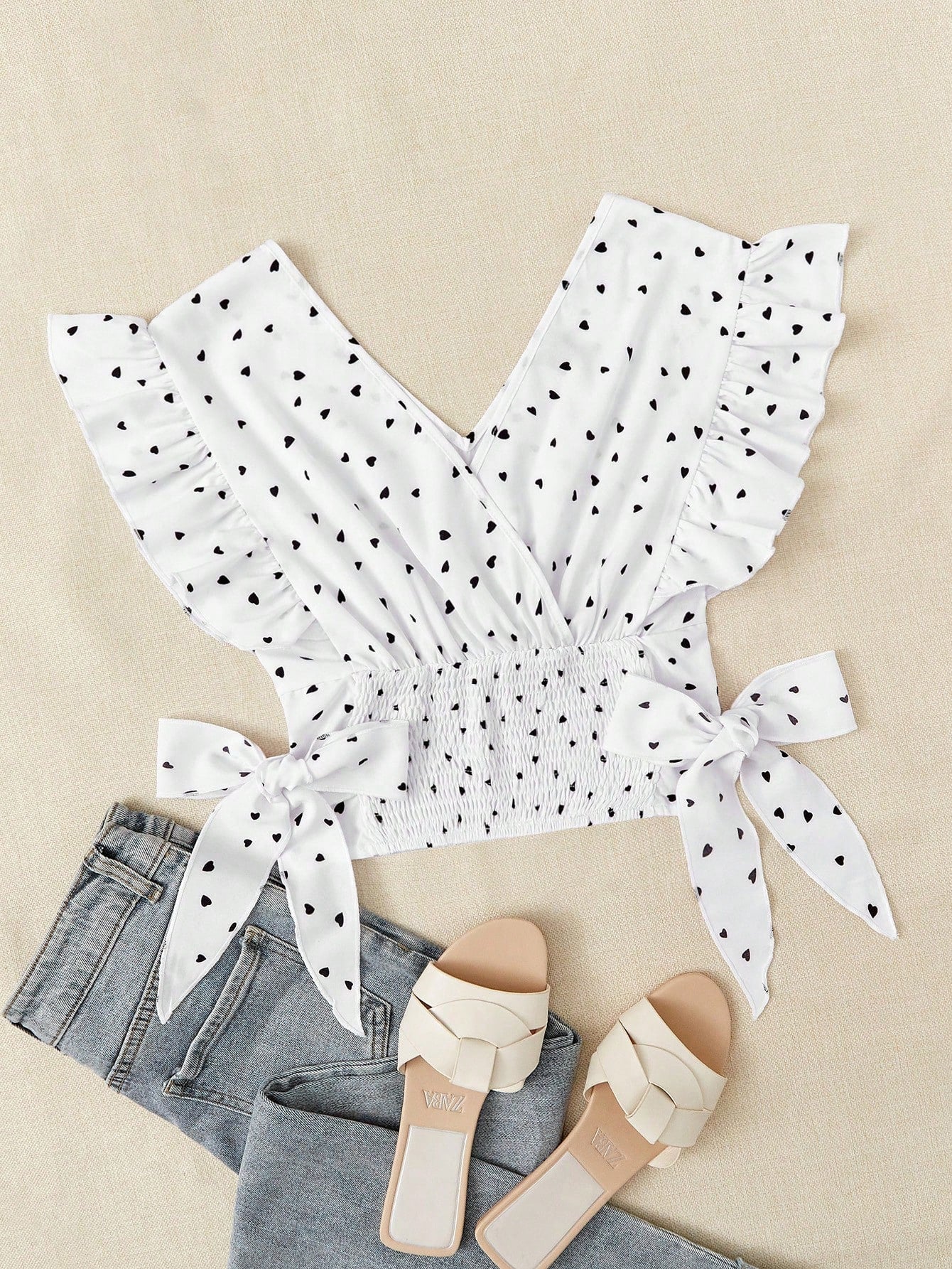 Ruffle Trim Shirred Knotted Polka-dot Top