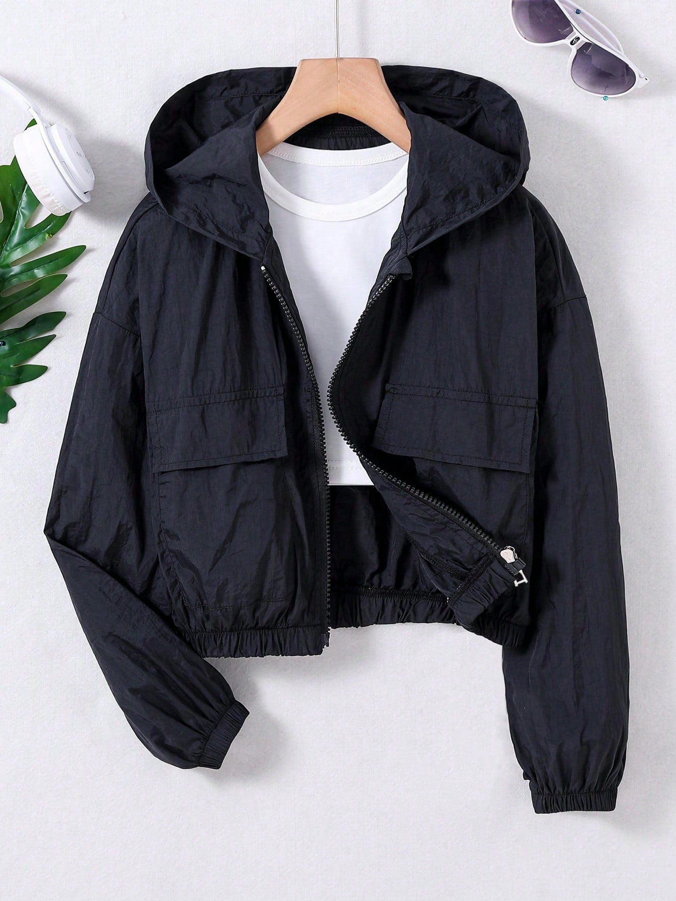 Tween Girl Flap Pocket Drop Shoulder Hooded Jacket