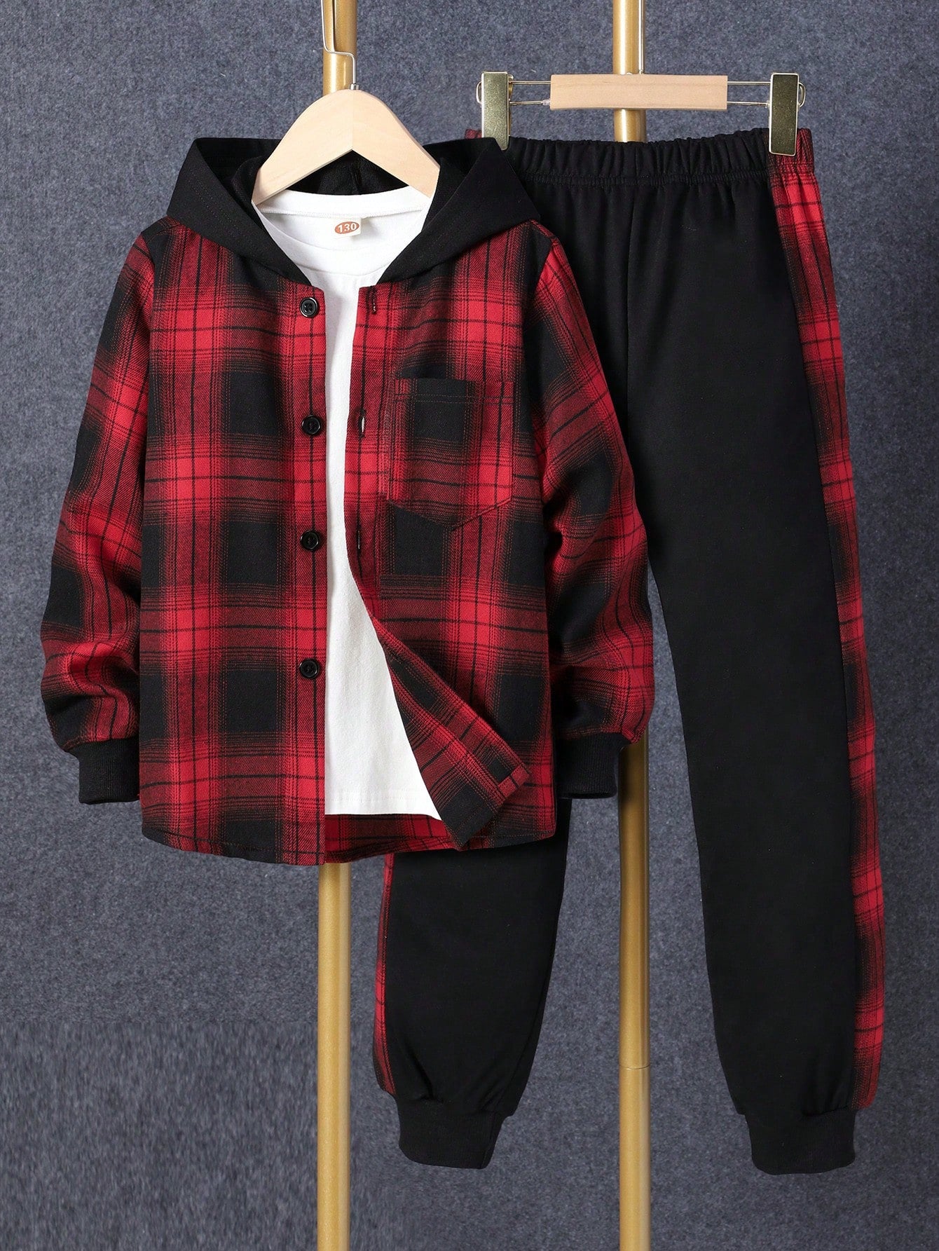 Tween Boy 1pc Plaid Print Button Front Hooded Shirt & 1pc Sweatpants