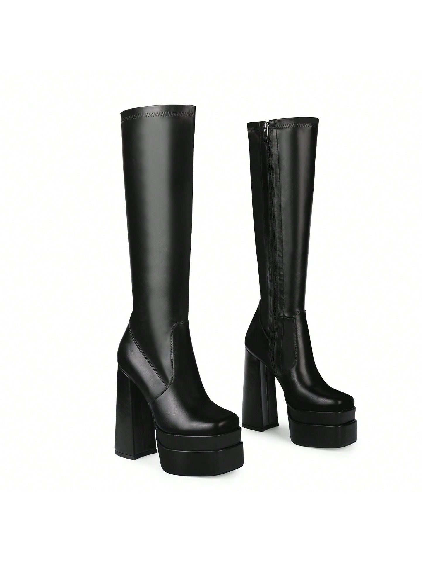 ISNOM Stacked Platform Knee High Boots For Women With High Chunky Heel, Gogo Boots For Women With Square Toe Side Zipper Stretch Boot