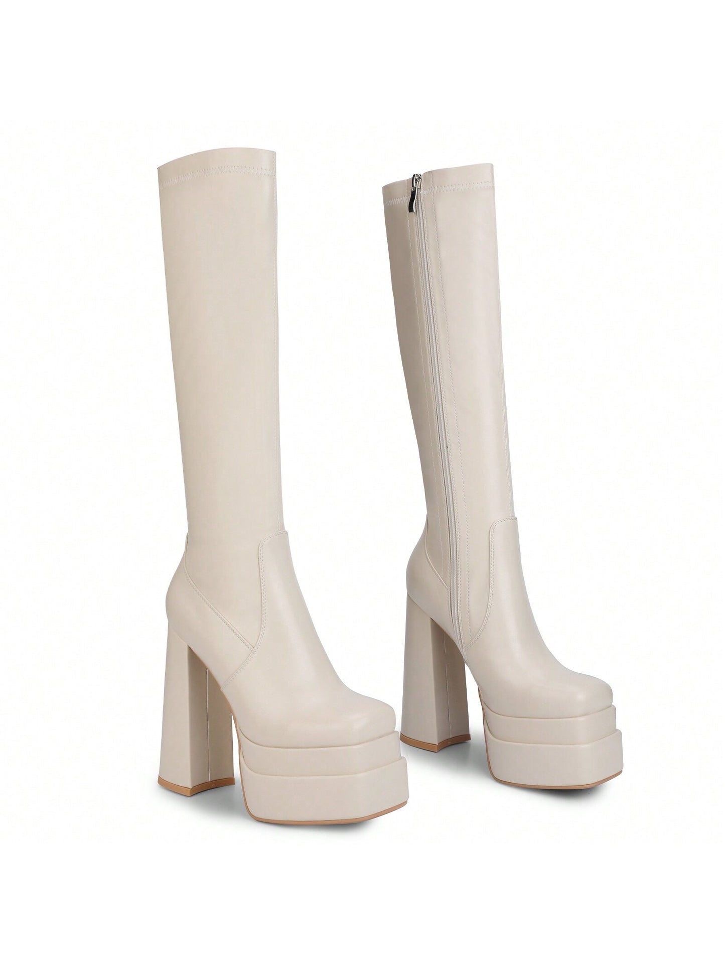 ISNOM Stacked Platform Knee High Boots For Women With High Chunky Heel, Gogo Boots For Women With Square Toe Side Zipper Stretch Boot