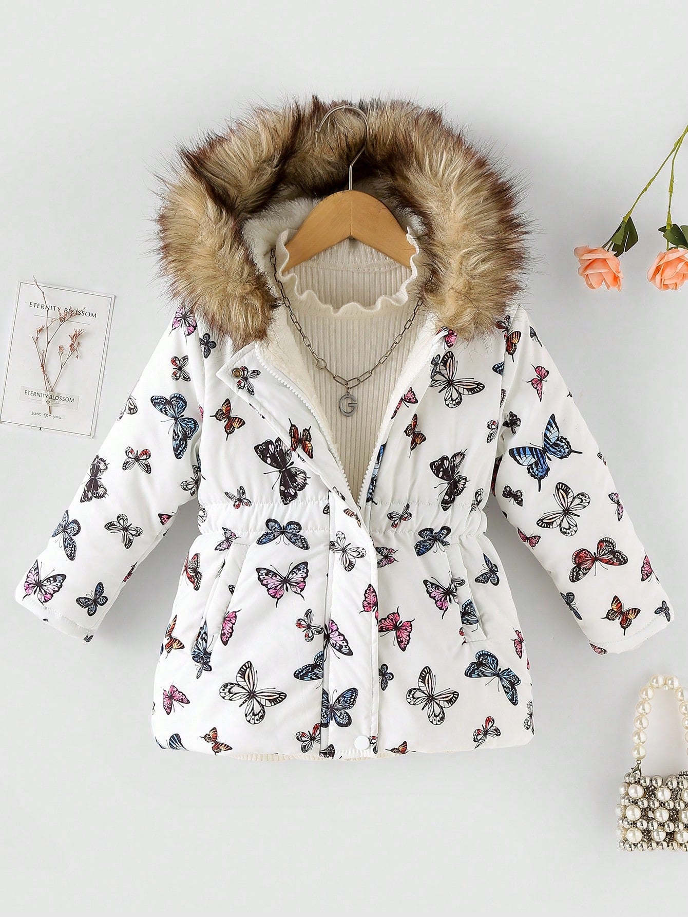 Young Girl Butterfly Print Teddy Lined Fuzzy Trim Hooded Padded Coat