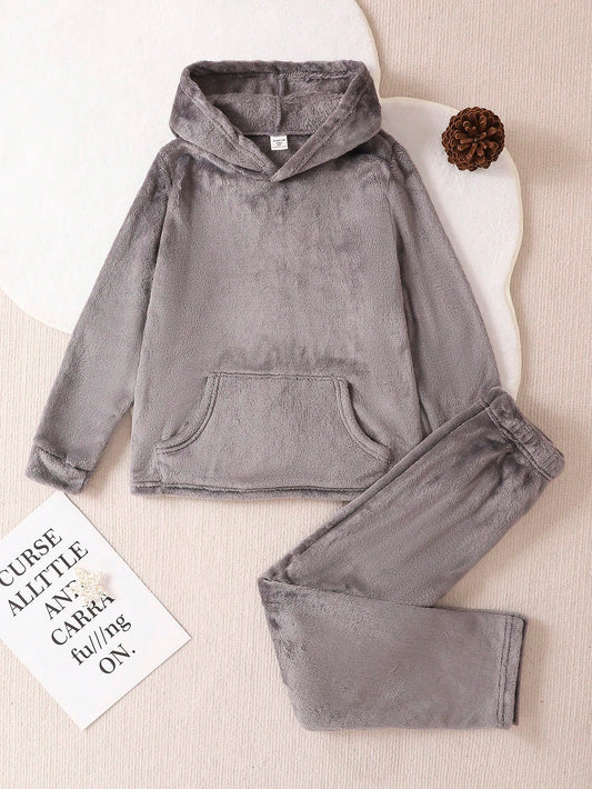 Tween Boy Grey Plush Casual Comfortable Homewear, For Big Kids