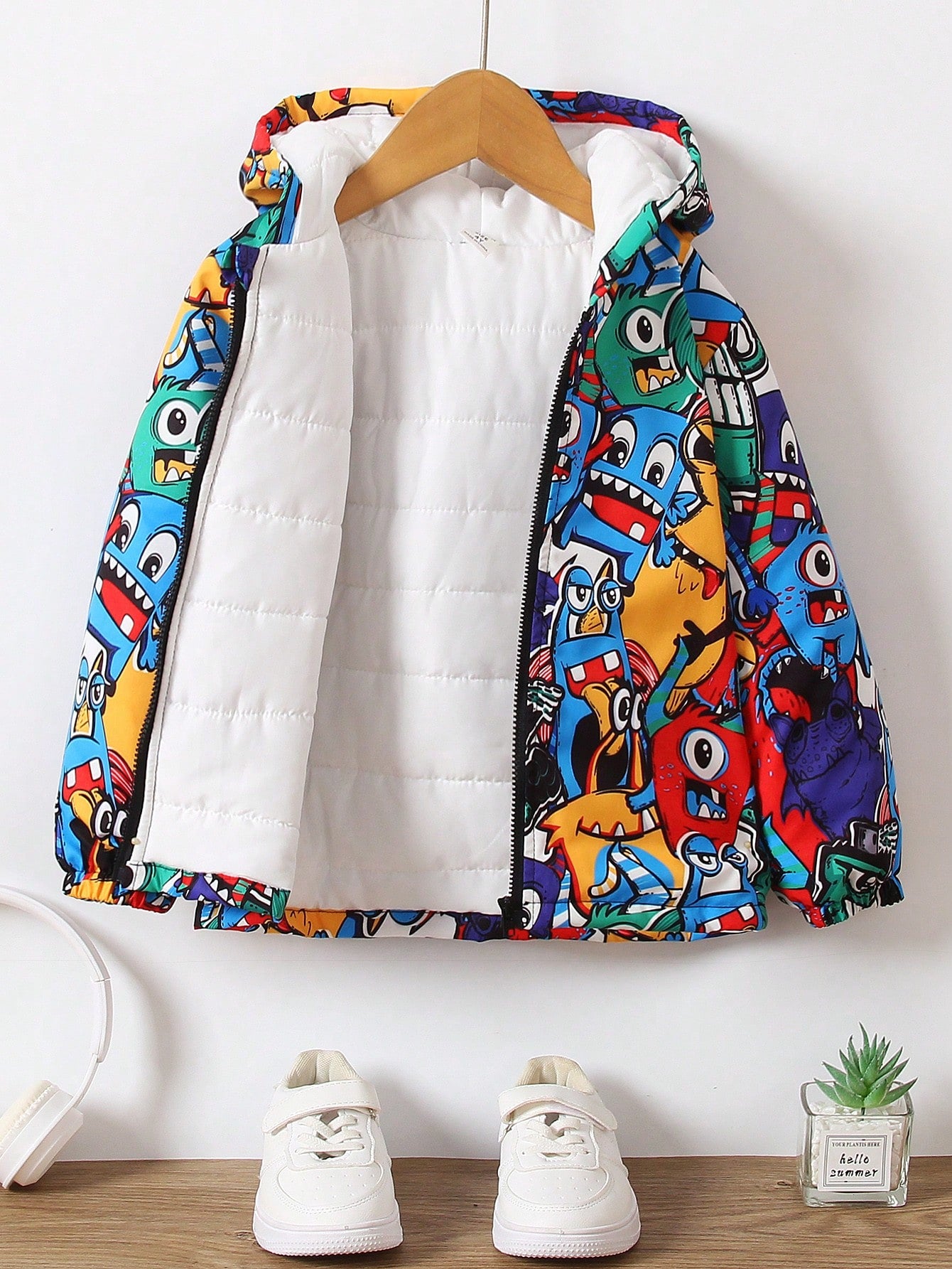 Young Boy 1pc Cartoon Graphic Hooded Winter Coat