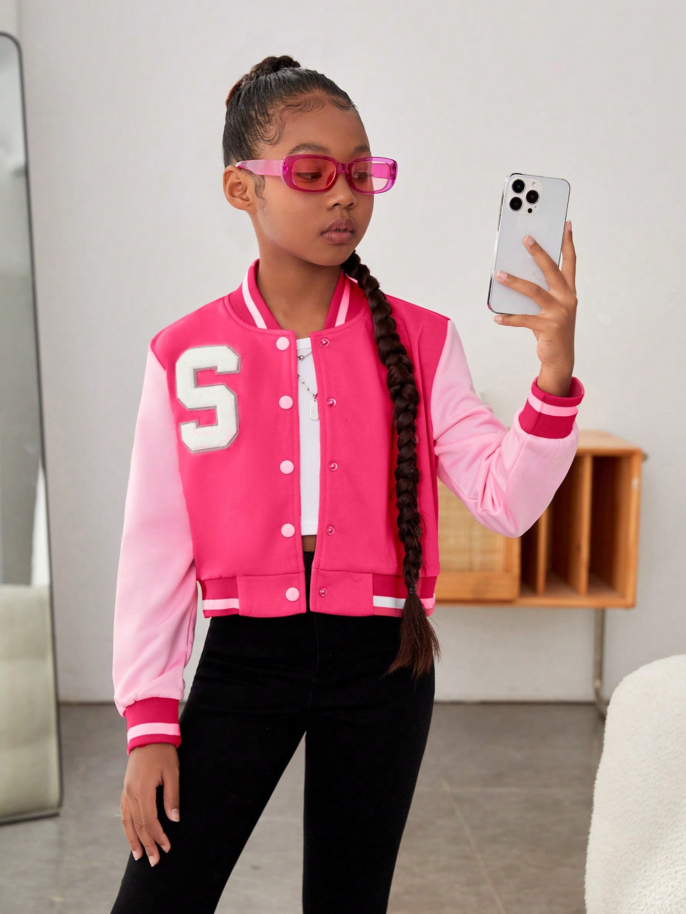 Tween Girl Letter Patched Striped Trim Colorblock Varsity Jacket