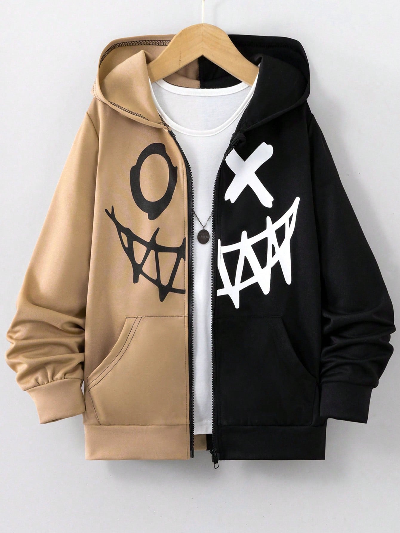 Teenage Boys' Casual Hooded Knitted Sweatshirt With Graffiti Pattern And Color Block Design, Autumn