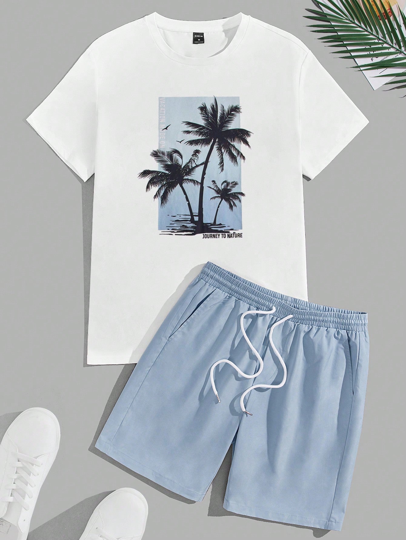 Men Tropical Print Tee & Drawstring Waist Shorts