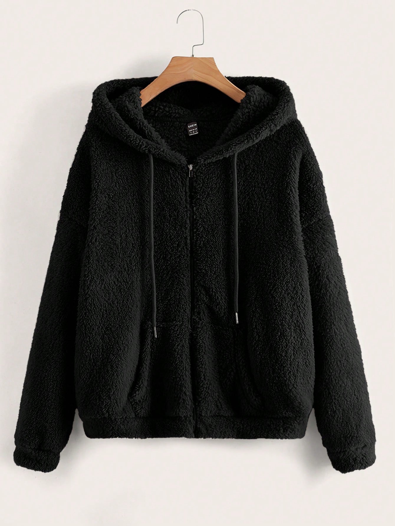 Zip Up Drop Shoulder Drawstring Hooded Teddy Jacket