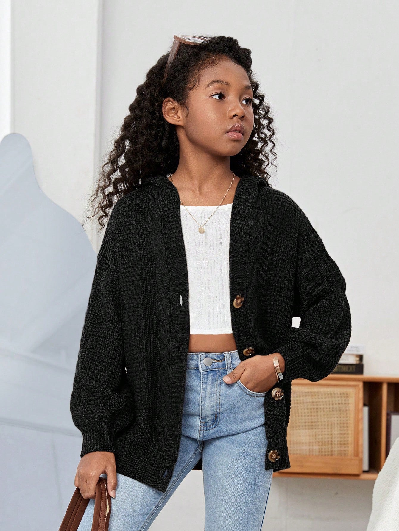 Tween Girl Drop Shoulder Hooded Cardigan