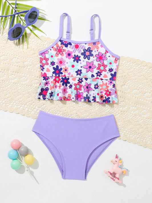 Young Girl Floral Print Ruffle Hem Bikini Set Summer Beach