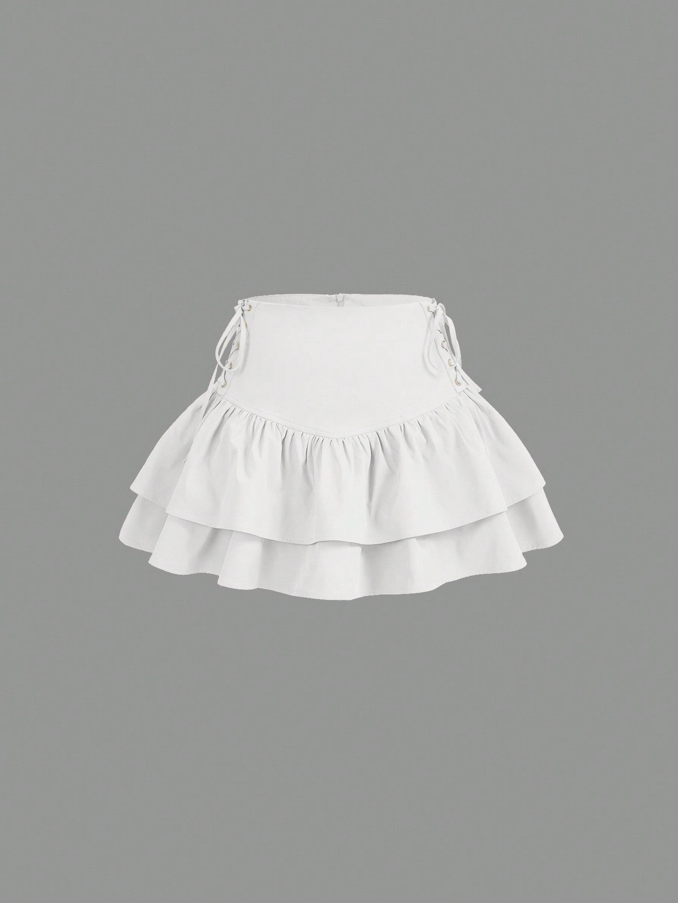 Lace Up Side Layered Ruffle Hem Eyelet Lace-Up Decoration White Skirt