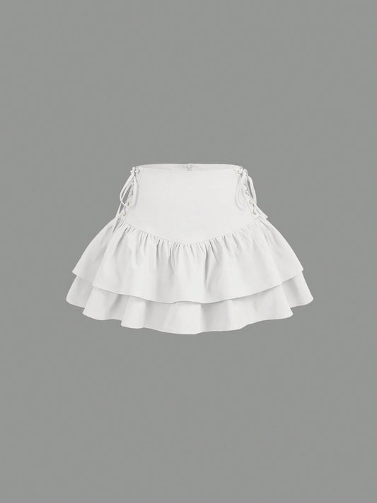 Lace Up Side Layered Ruffle Hem Eyelet Lace-Up Decoration White Skirt