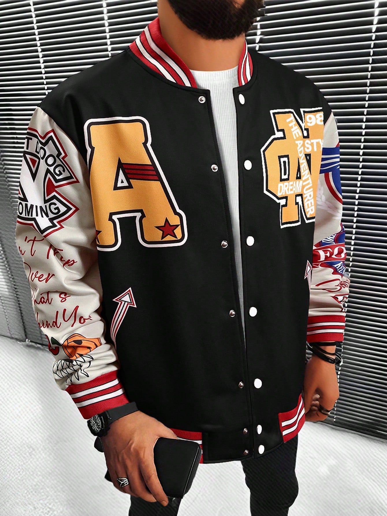 Loose Fit Men's Printed Graffiti Varsity Jacket