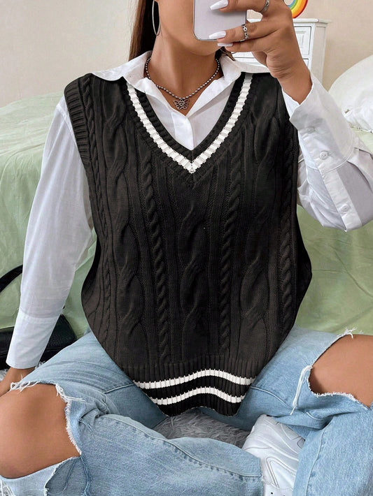 Plus Striped Trim Cable Knit Sweater Vest Without Blouse