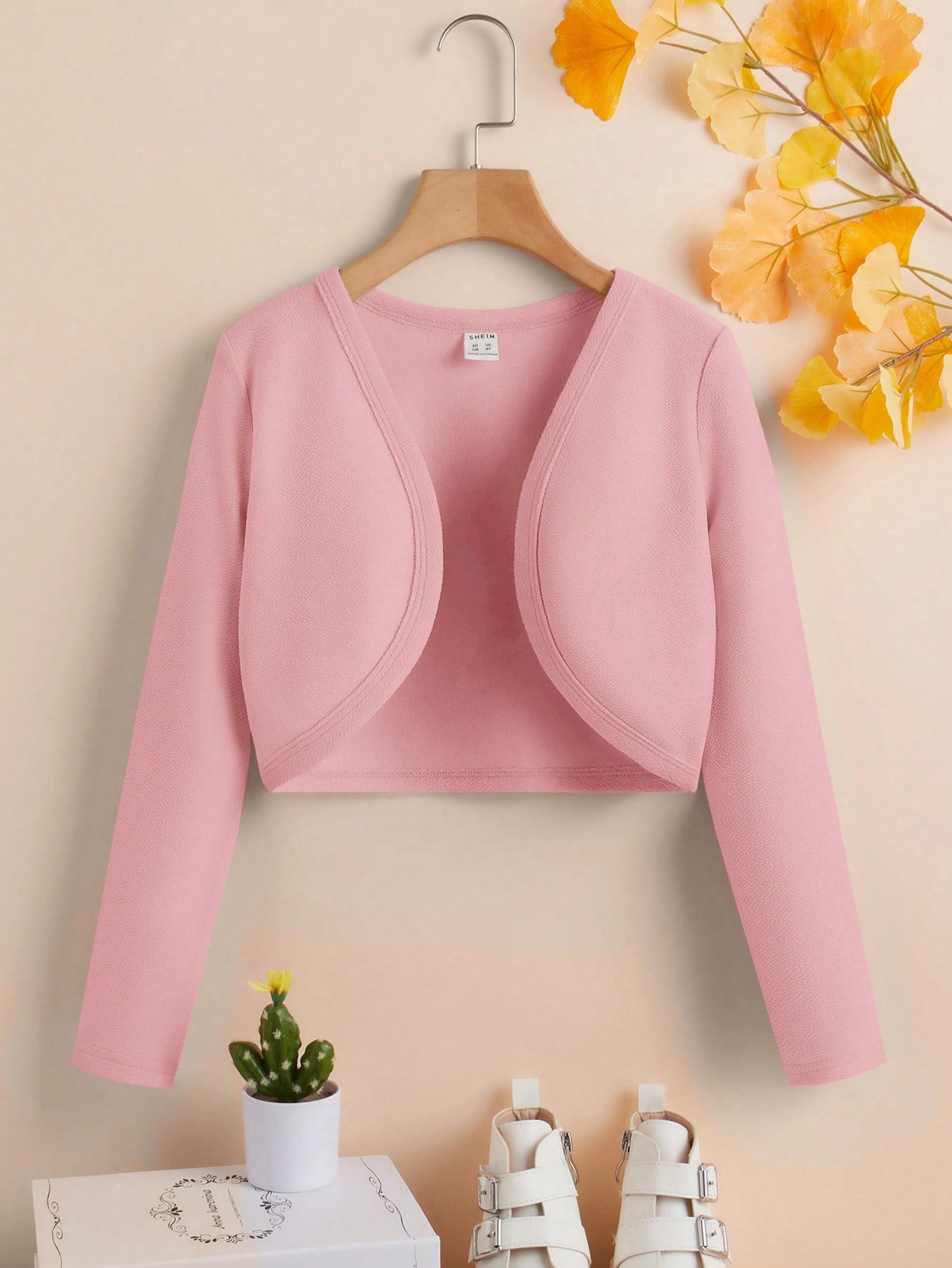 Tween Girl Solid Color Casual Shortened Long Sleeve Jacket With Lapel Collar, Suitable For Spring And Autumn