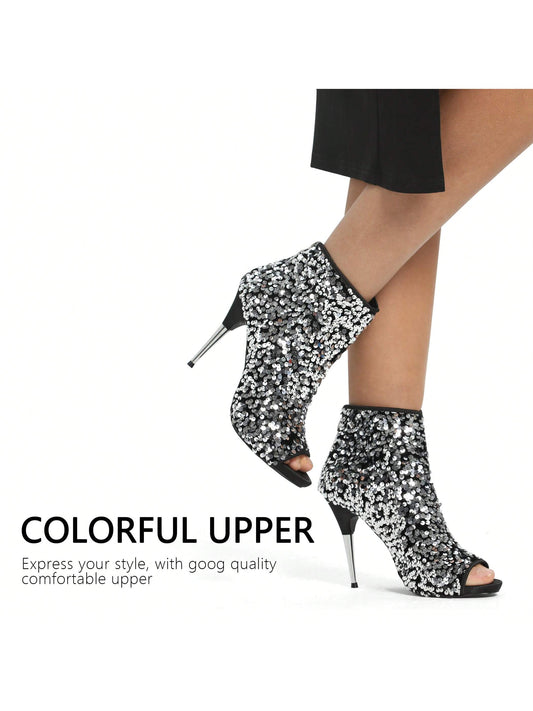 Women's Fashion Colorful Sequin Sexy  Peep  Round Toe Stiletto High Heels  Zipper Wedding  Party Dress Ankle Boots