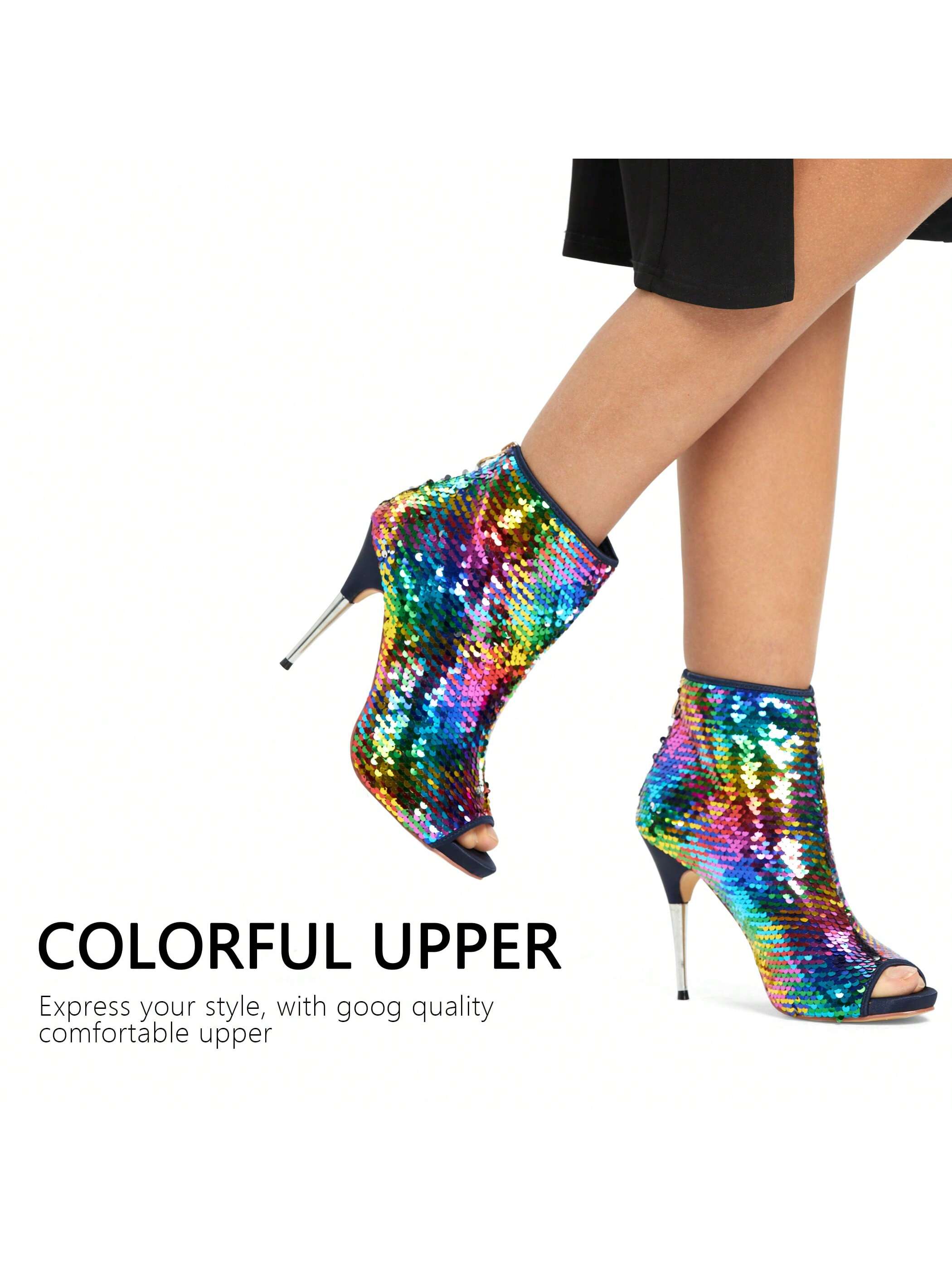 Women's Fashion Colorful Sequin Sexy  Peep  Round Toe Stiletto High Heels  Zipper Wedding  Party Dress Ankle Boots