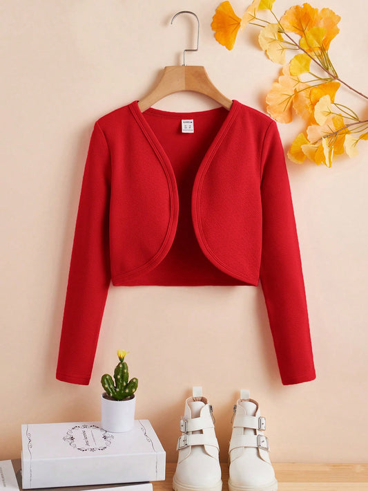 Tween Girl Solid Color Casual Cropped Long Sleeve Jacket With Lapel Collar, Spring And Autumn