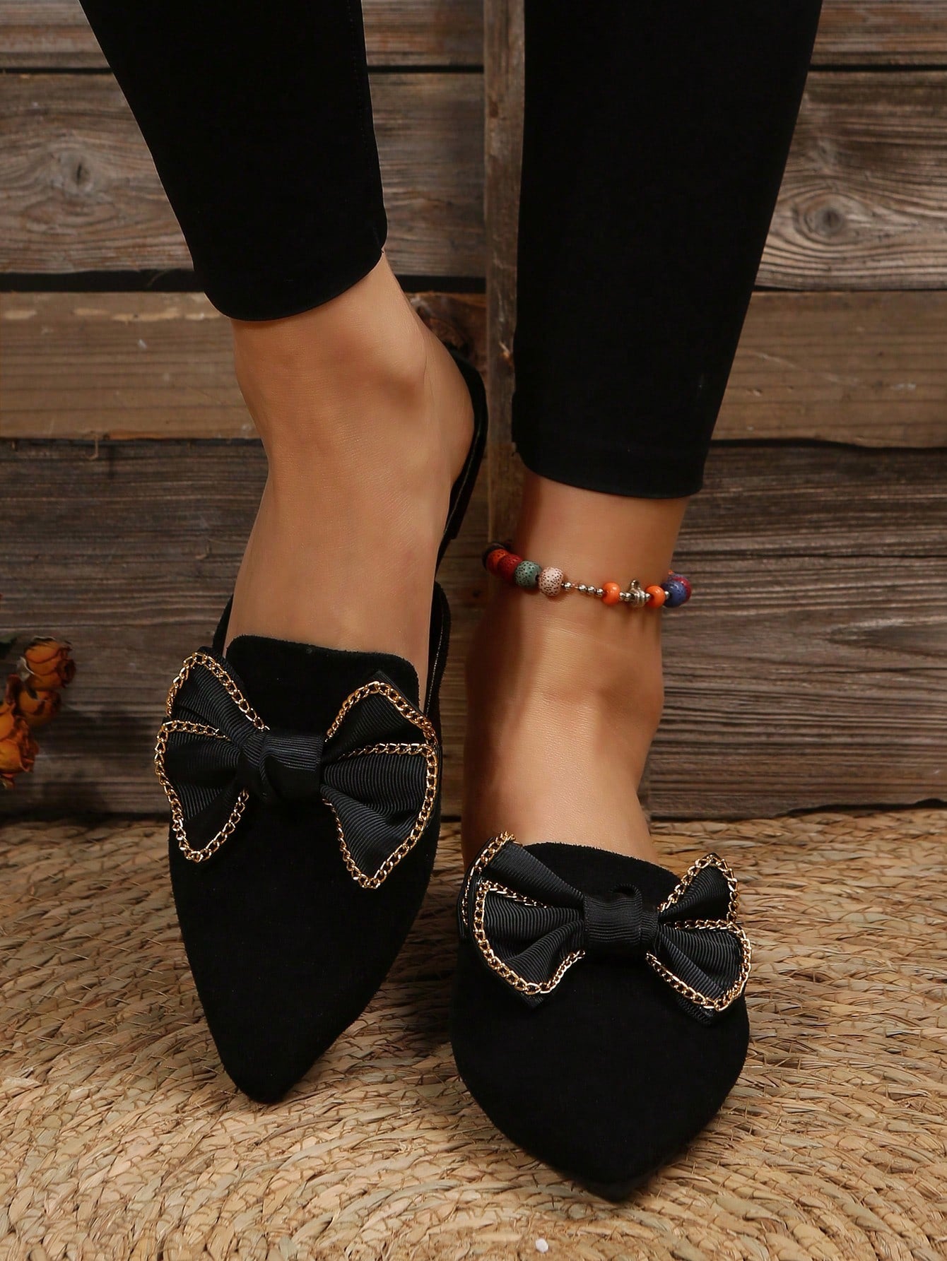 Black Canvas Pointed Toe Flat Mules, Fashion