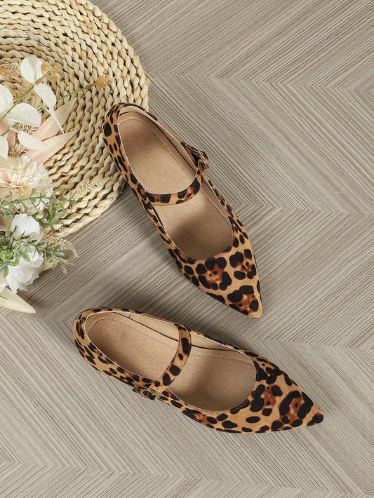 Leopard Print Mary Jane Flats With Pointed Toe And Low Heel, Simple Style Ballerina Shoes For Women