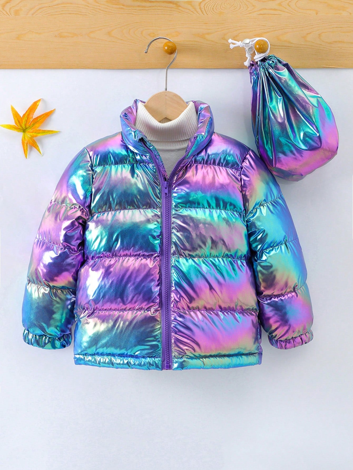 Young Girl Holographic Zip Up Puffer Coat Without Sweater