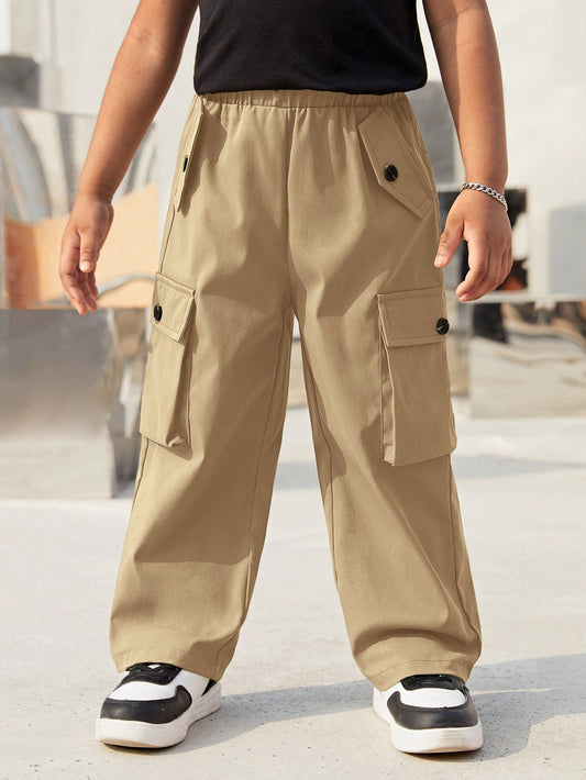 Solid Color Casual Versatile Young Boy Side Flip Cover Pocket Cargo Pants