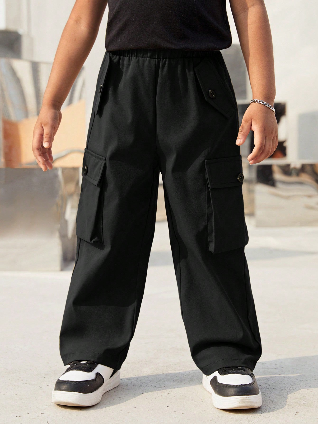 Solid Color Casual Versatile Young Boy Side Flip Cover Pocket Cargo Pants