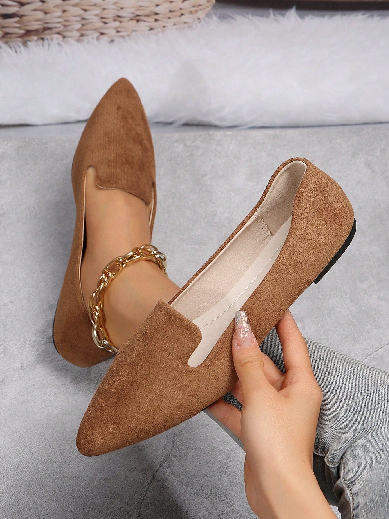 Elegant Flat Loafers For Women, Faux Suede Slip-on Flats