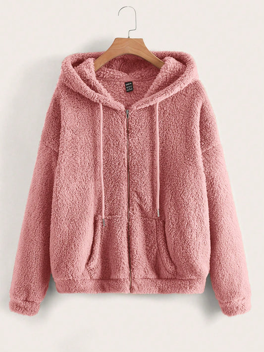 Zip Up Drop Shoulder Drawstring Hooded Teddy Jacket