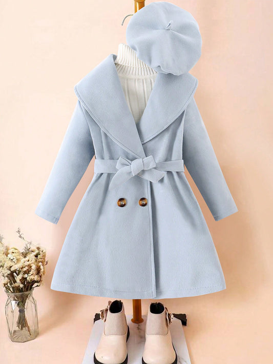 Young Girl Double Breasted Belted Overcoat & Hat Without Sweater