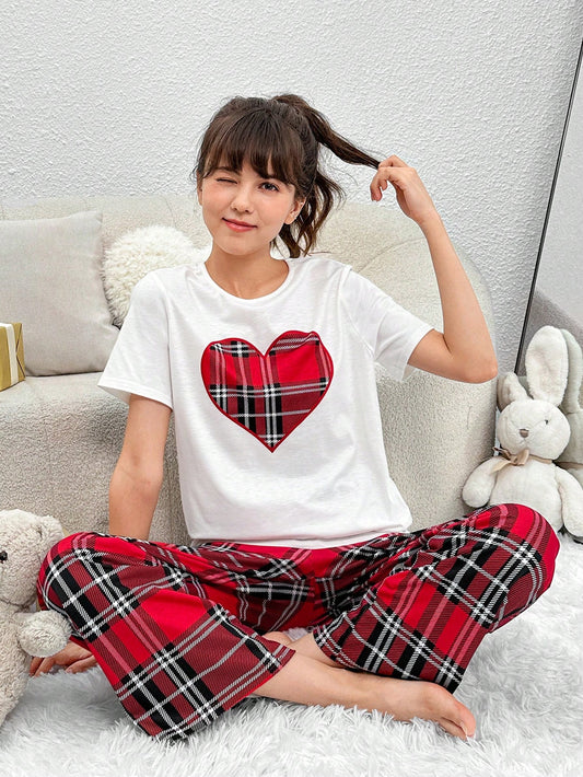 Teen Girl Plaid & Heart Print PJ Set