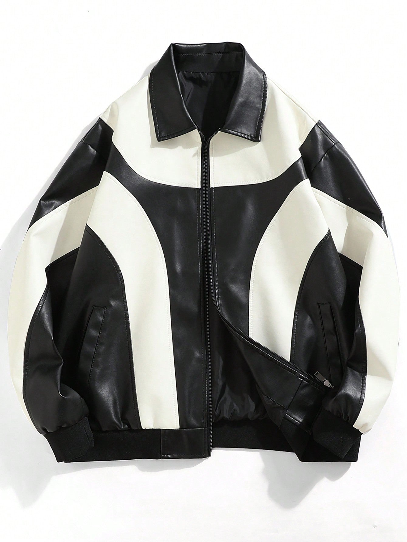 Men Two Tone Zip Up PU Leather Jacket