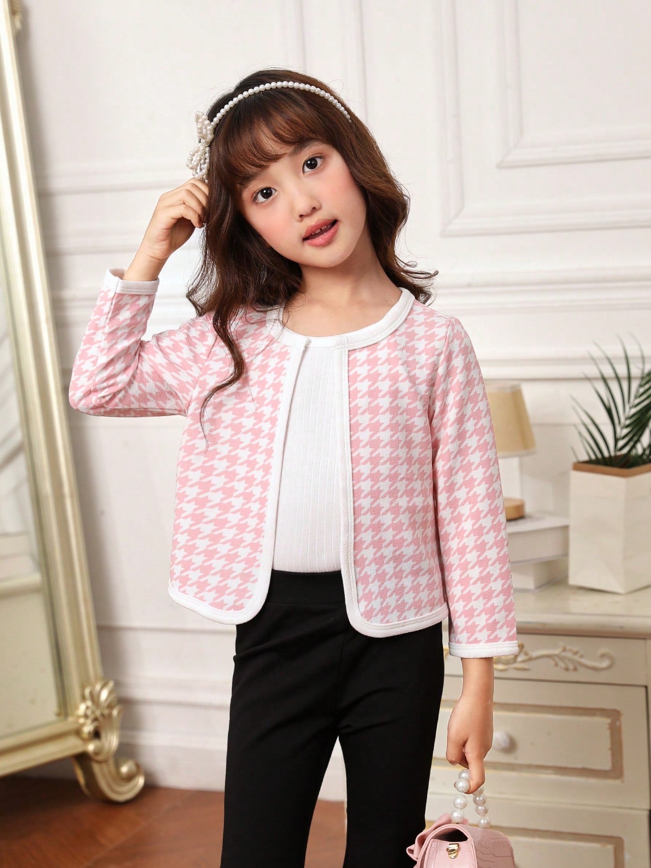 Young Girl Houndstooth Print Contrast Binding Open Front Jacket