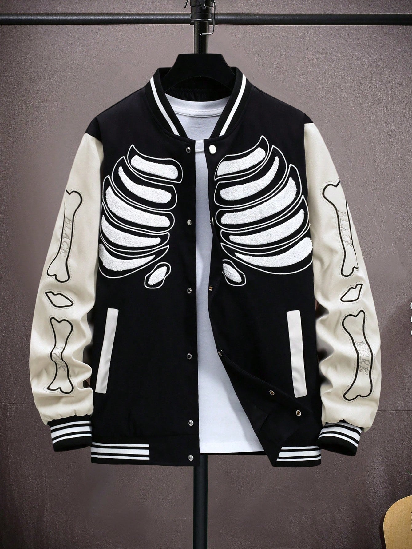 Men Skeleton Print Striped Trim Jacket Without Tee