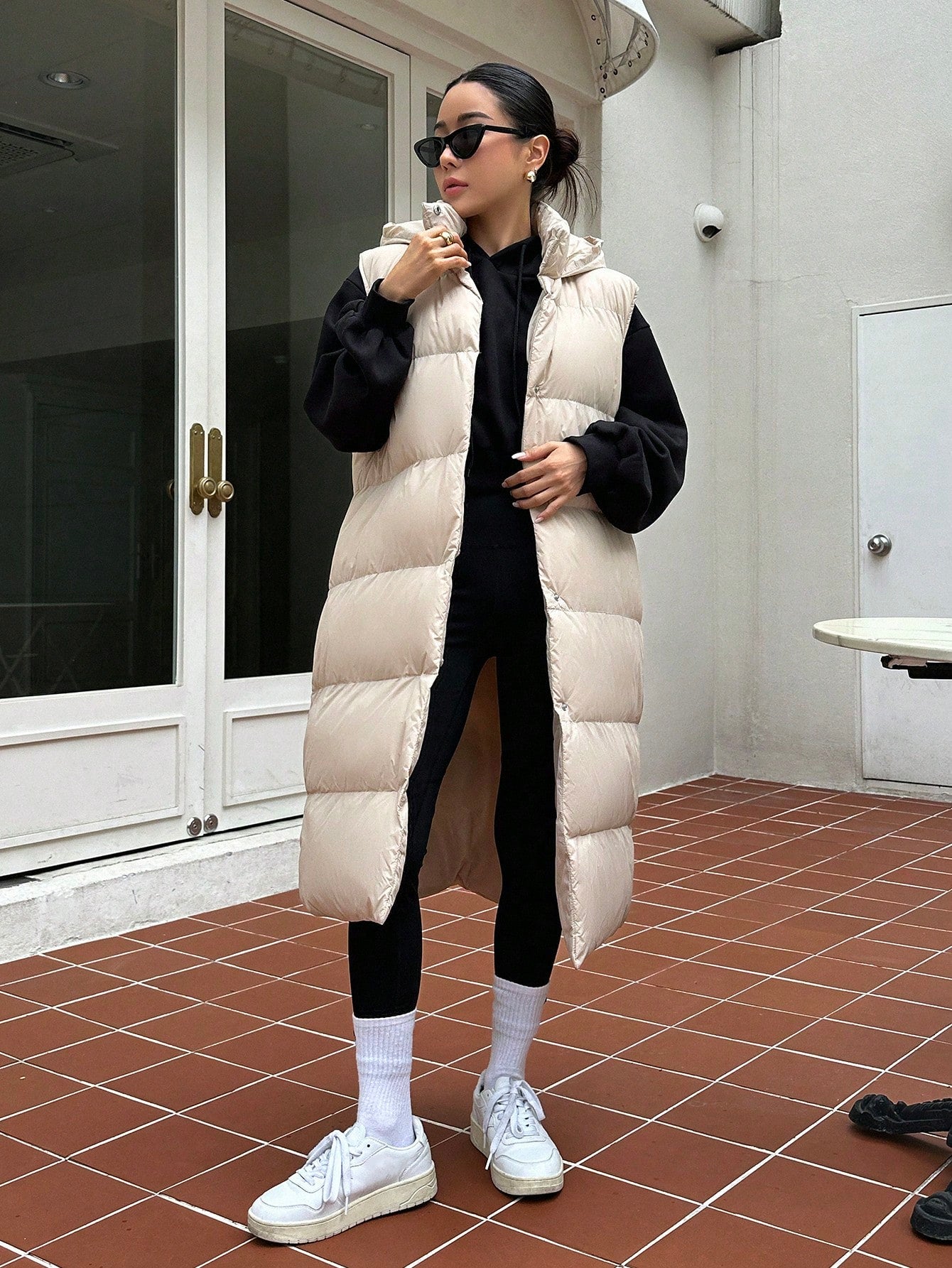 Solid Button Front Vest Puffer Pockets Coat