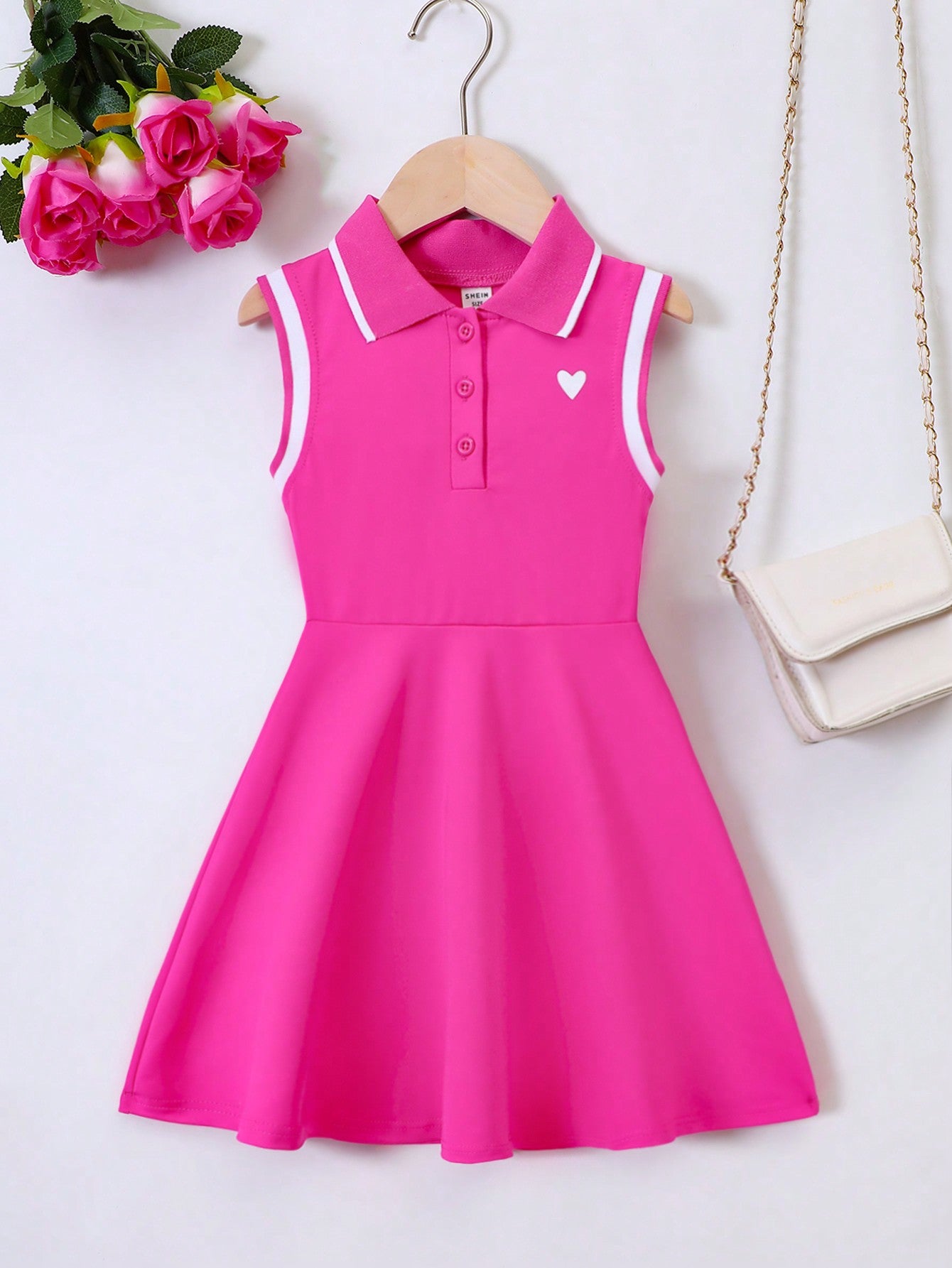 Kids Young Girl Preppy-Style Heart-Shaped Printed Striped Polo Collar Sleeveless Dress, Summer