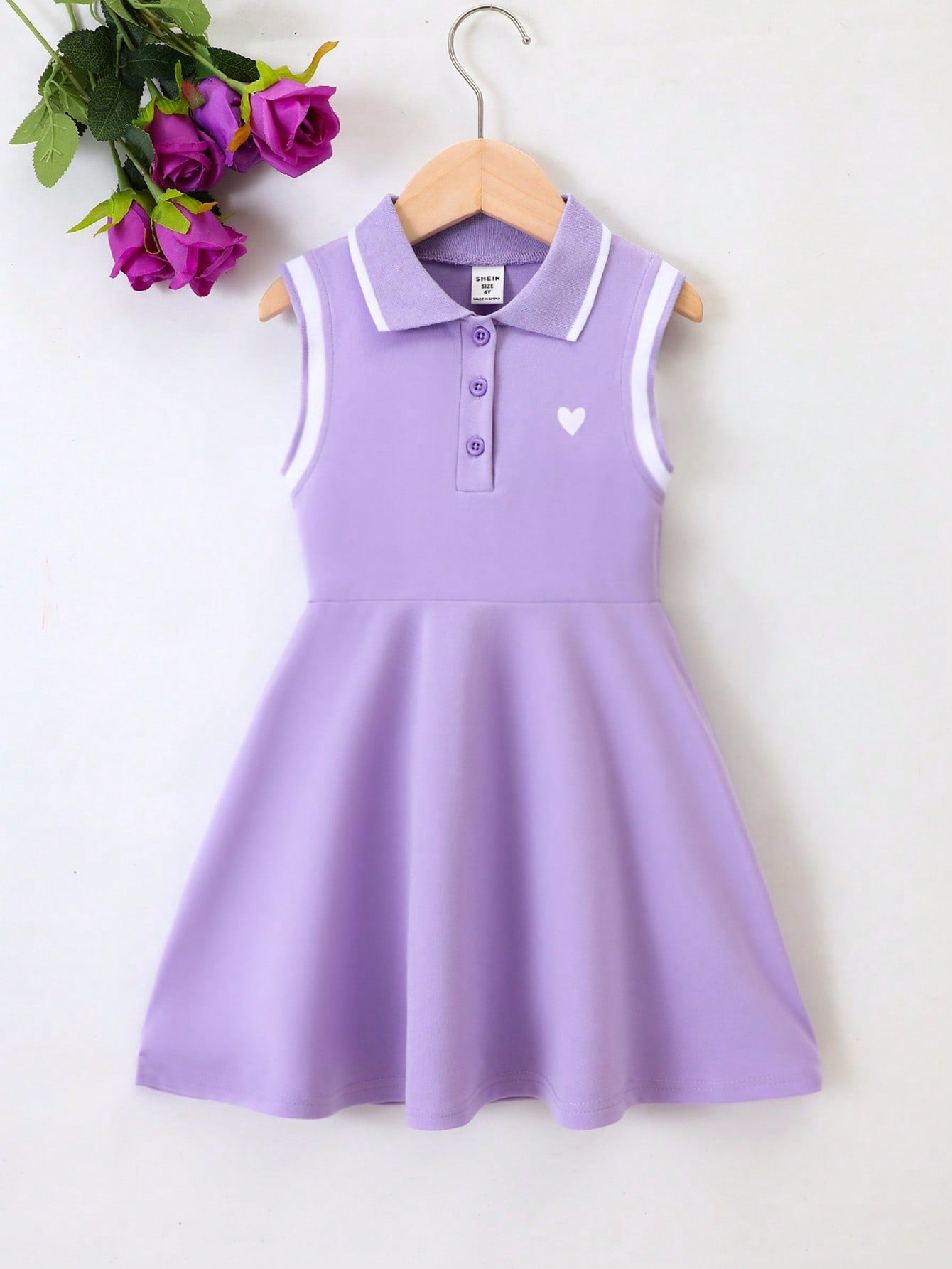 Young Girl Preppy Style Heart-Shaped Print Striped Trim Ribbed Collar Sleeveless Dress For Summer