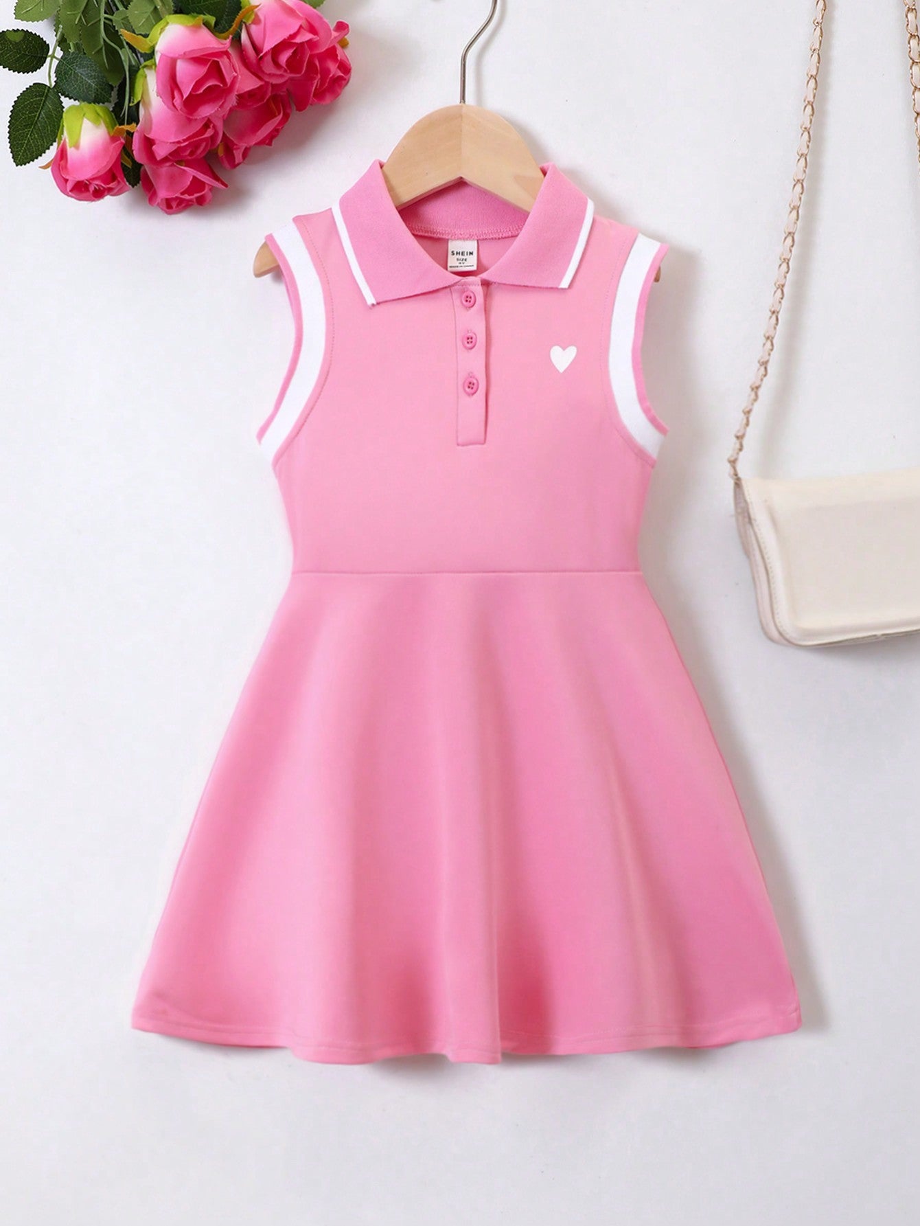 Kids Young Girl Preppy-Style Heart-Shaped Printed Striped Polo Collar Sleeveless Dress, Summer