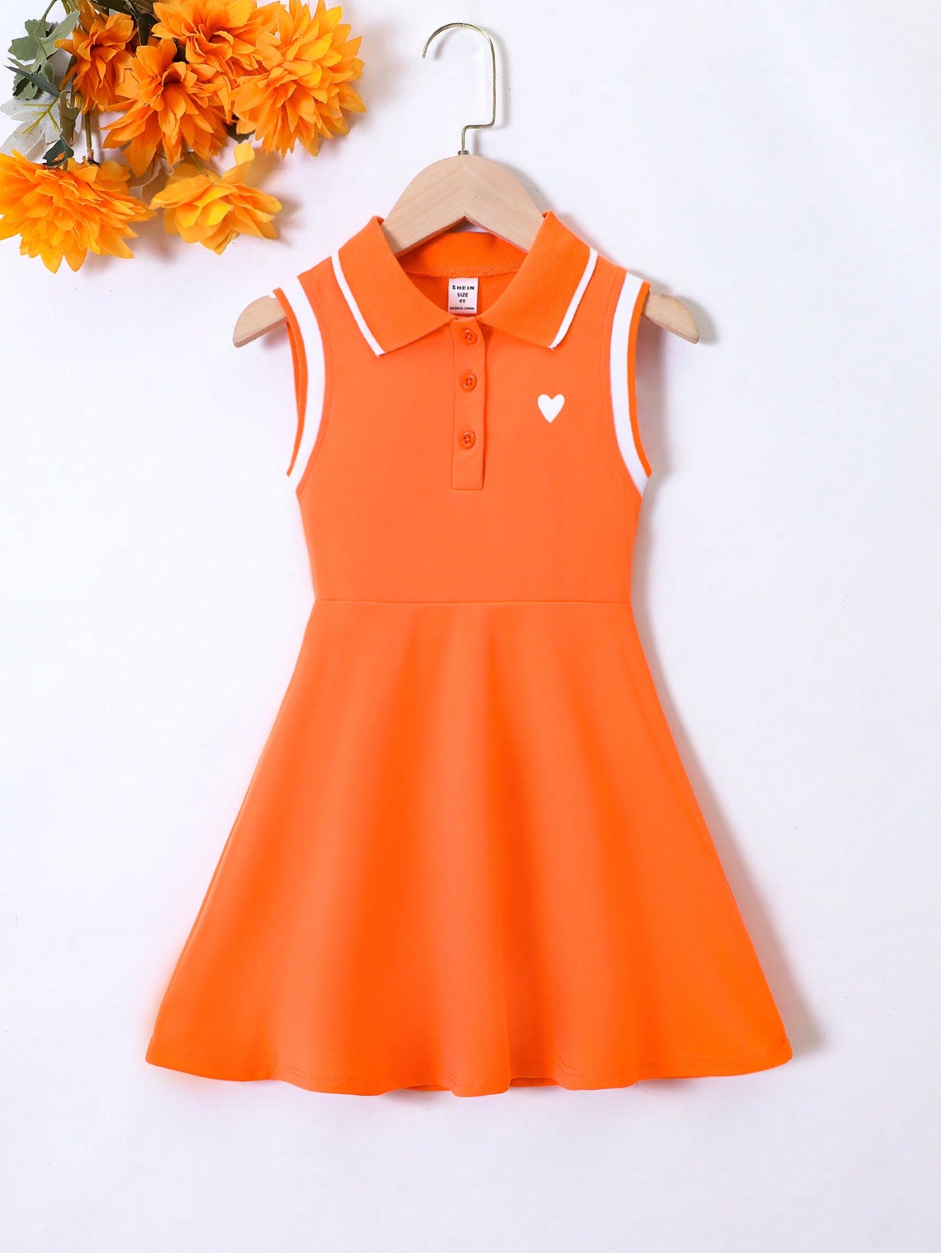 Kids Young Girl Preppy-Style Heart-Shaped Printed Striped Polo Collar Sleeveless Dress, Summer