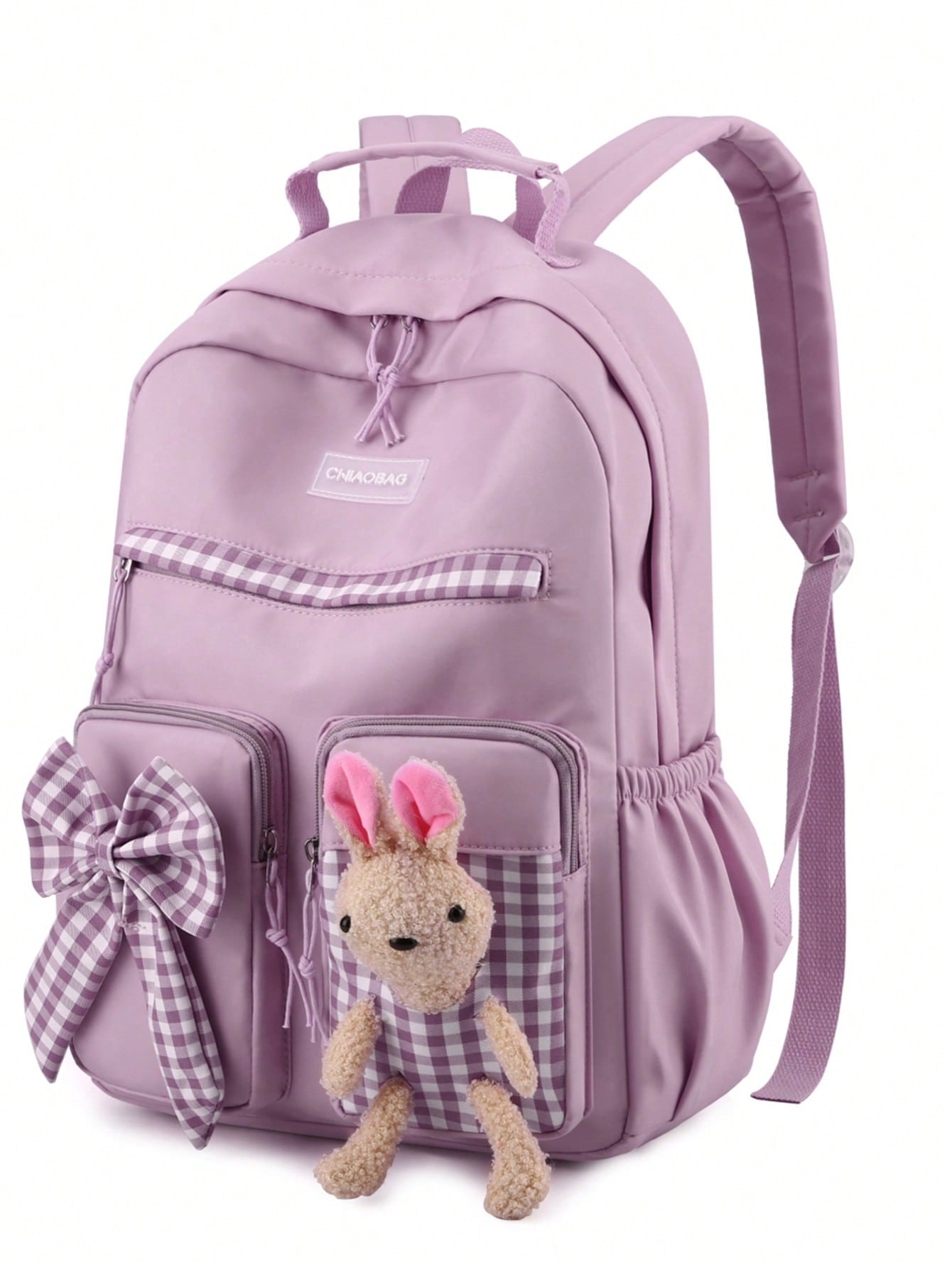 Girls Plaid Pattern Bow & Rabbit Decor Functional Backpack